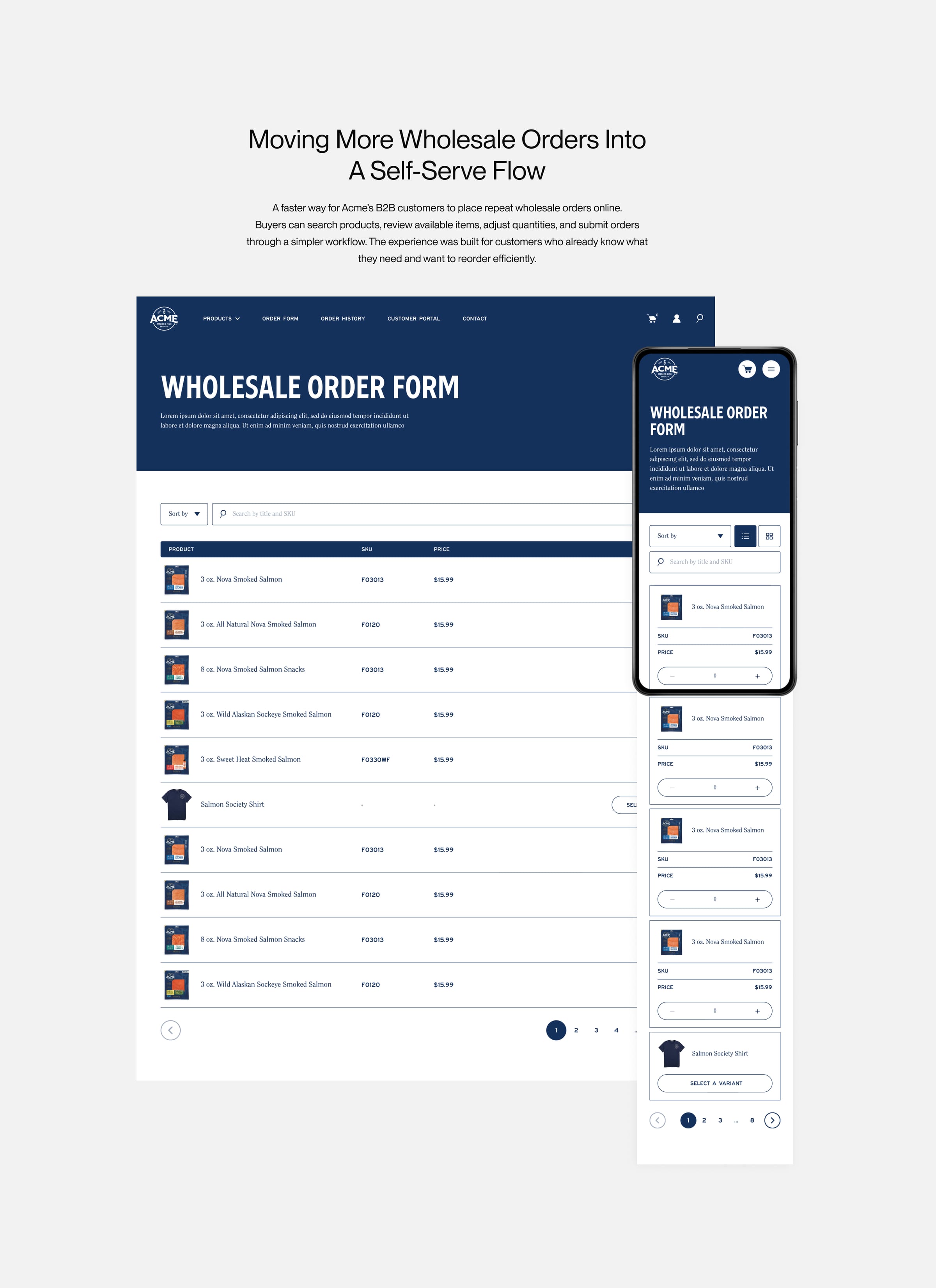 Acme wholesale order form on desktop and mobile: Moving More Wholesale Orders Into a Self-Serve Flow