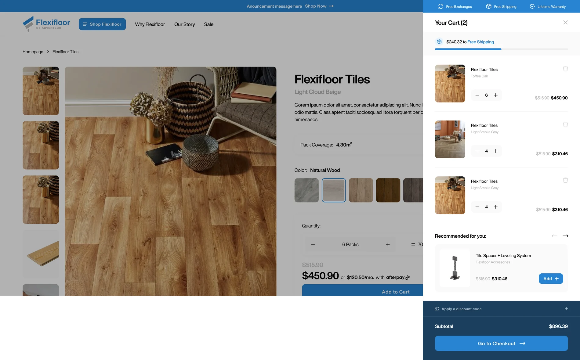 Flexifloor slide-out cart with pack quantities, a free shipping threshold indicator, and an accessory recommendation