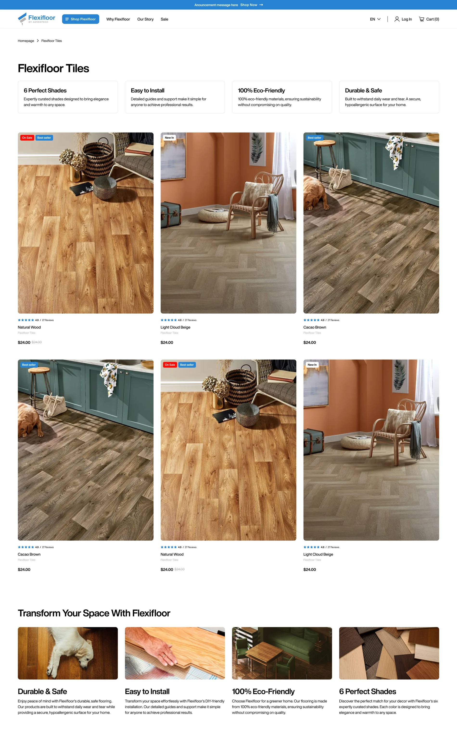 Flexifloor Tiles collection page with a product grid of wood-look finishes, ratings, prices, and sale badges
