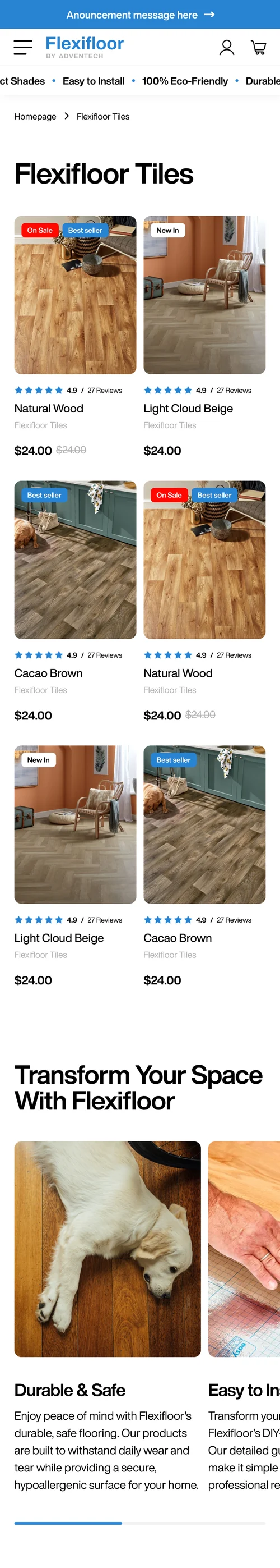 Flexifloor collection page on mobile in a single-column grid