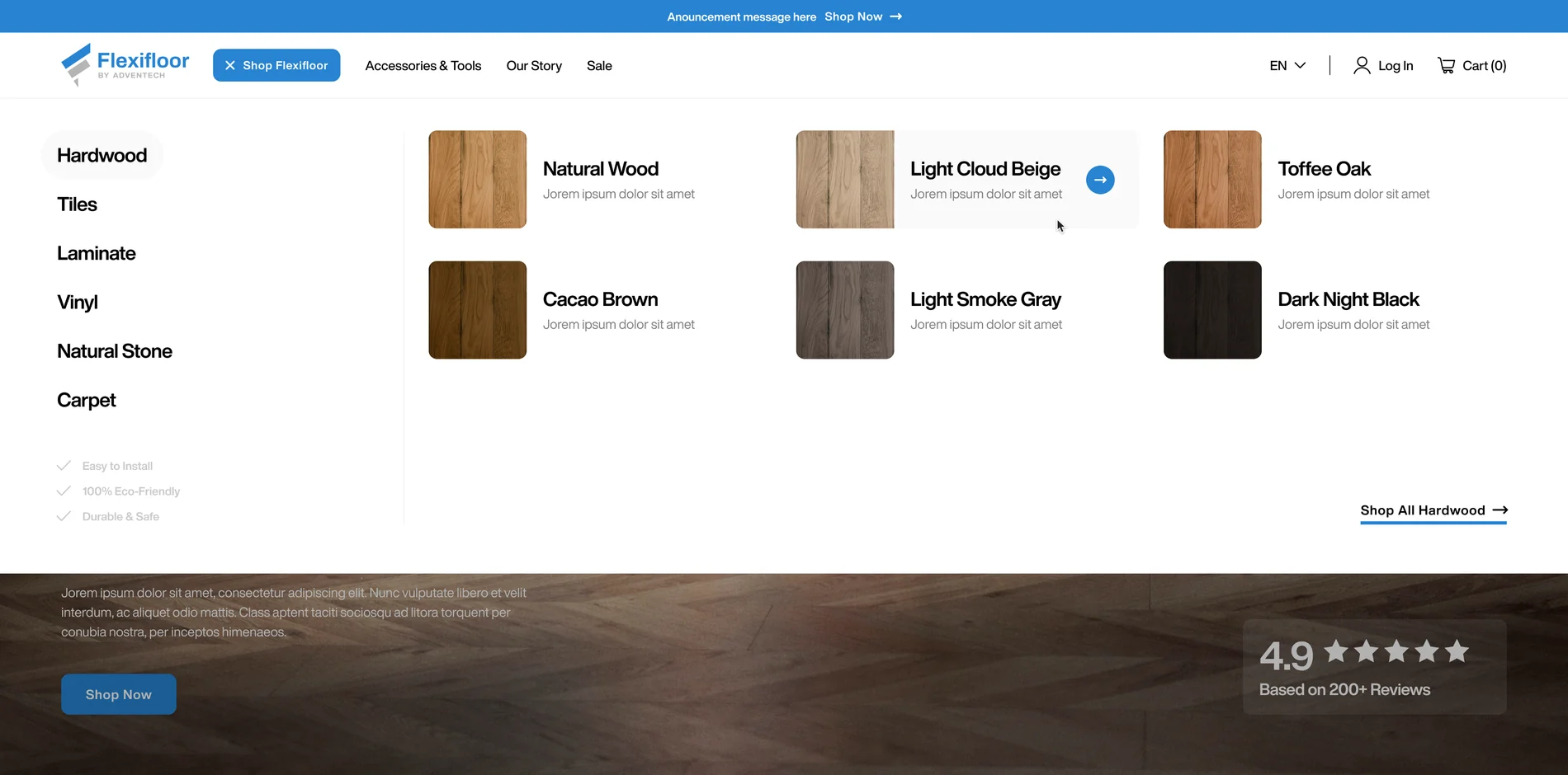 Flexifloor mega menu listing material families beside named finishes with inline swatches