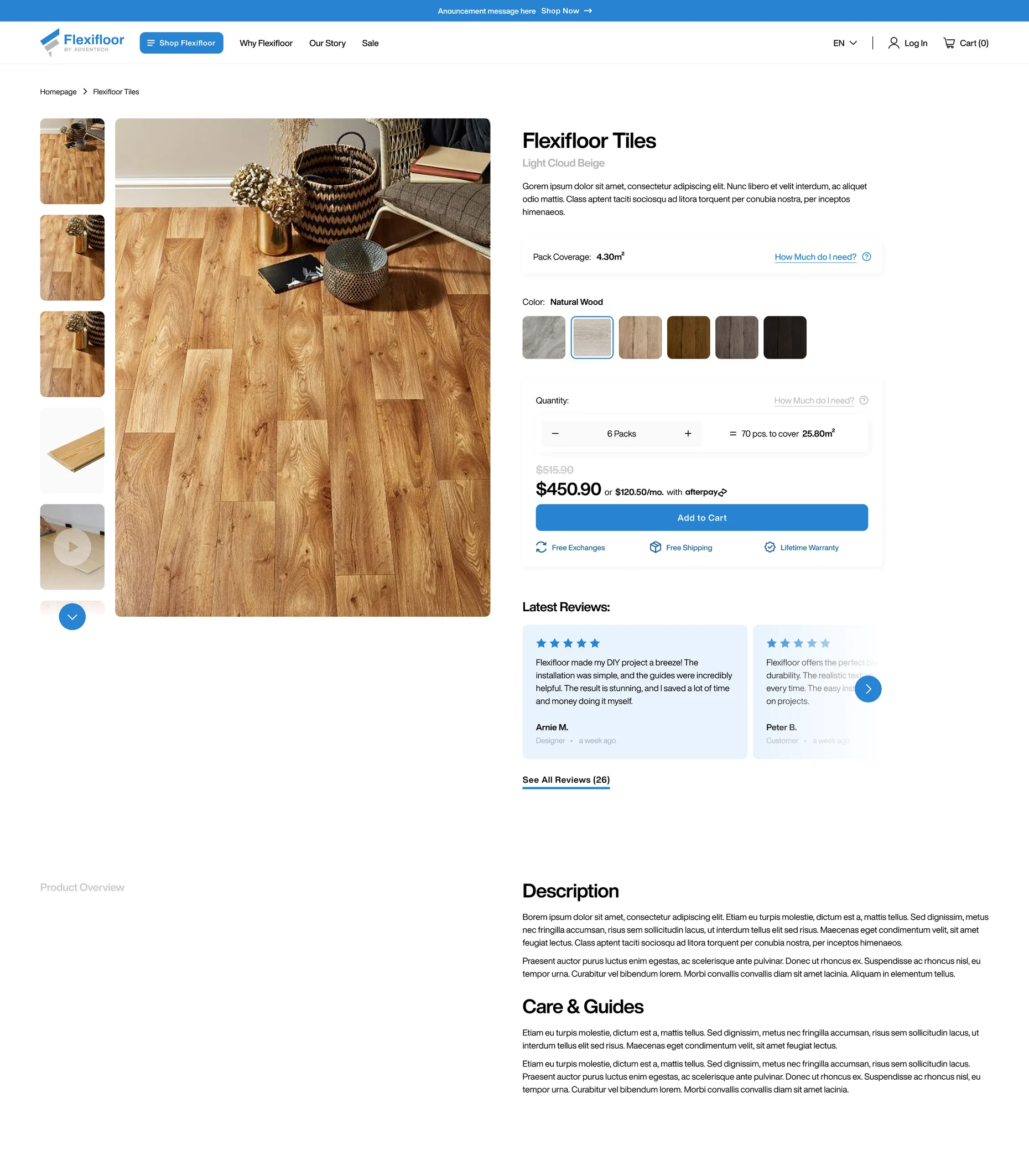 Flexifloor Tiles product page showing pack coverage, shade swatches, pack quantity, price, and reviews