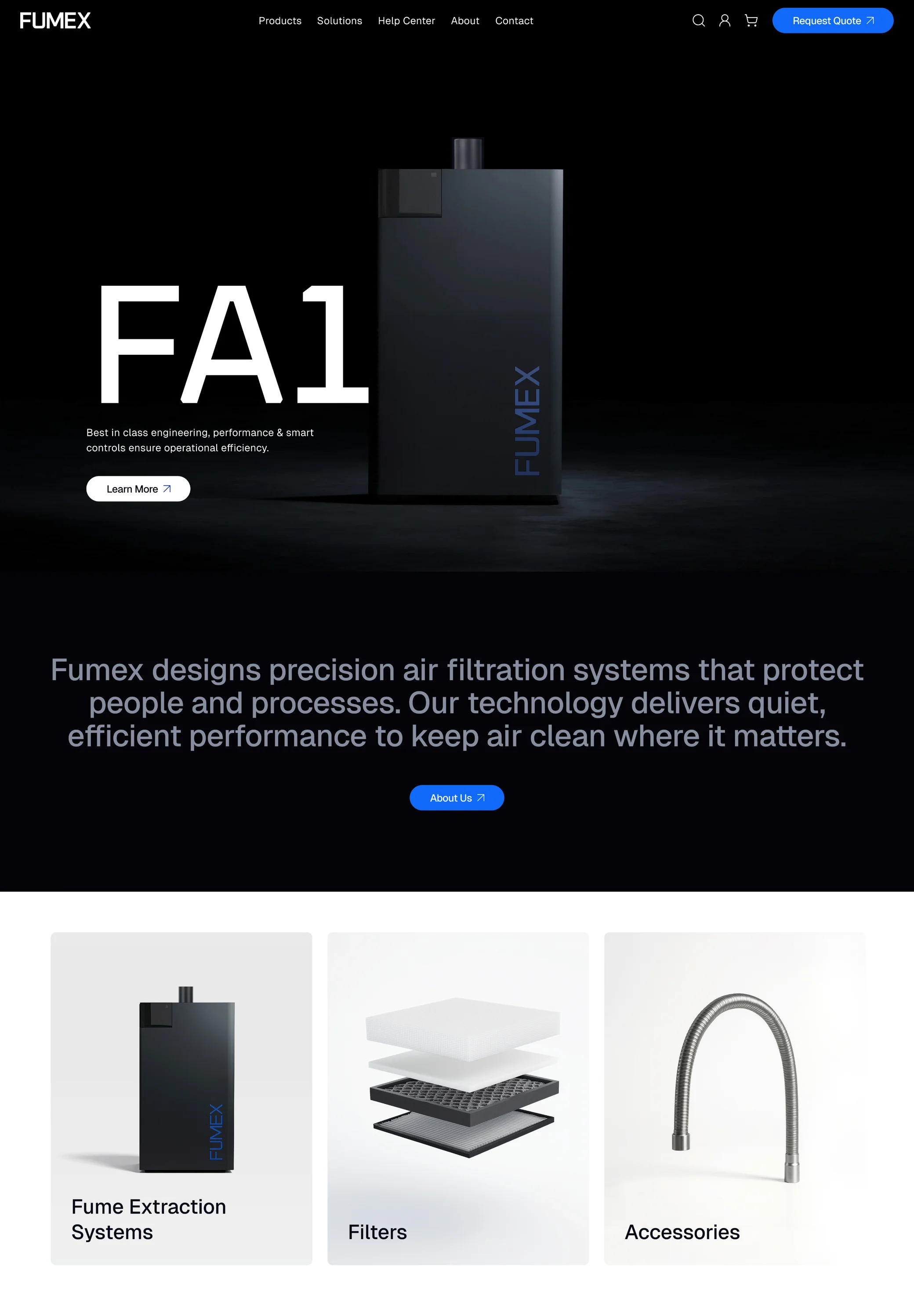 Fumex redesigned Shopify Plus homepage with FA1 machine hero and category tiles for fume extraction systems, filters and accessories