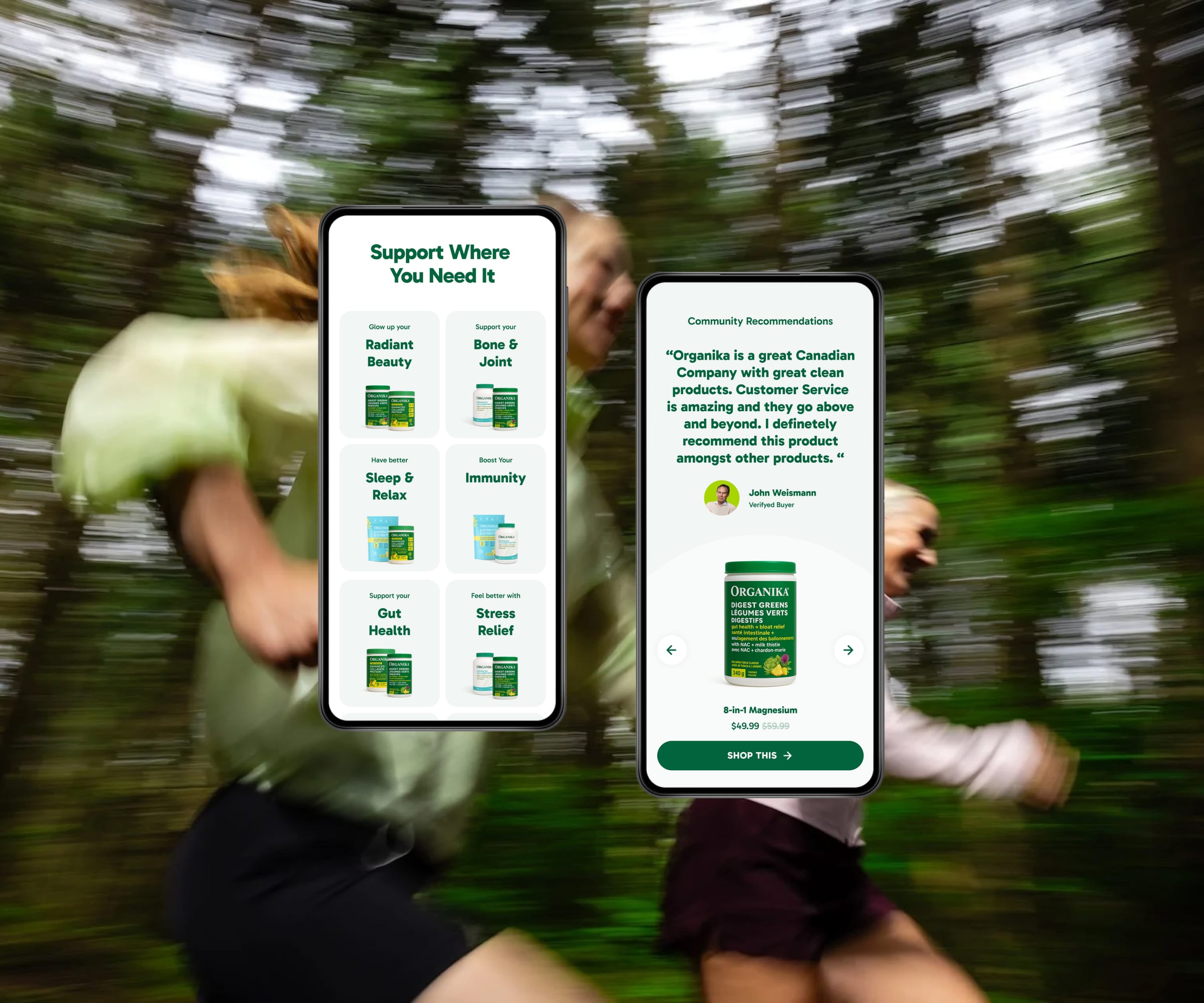 Organika mobile experience on two phones against a forest backdrop