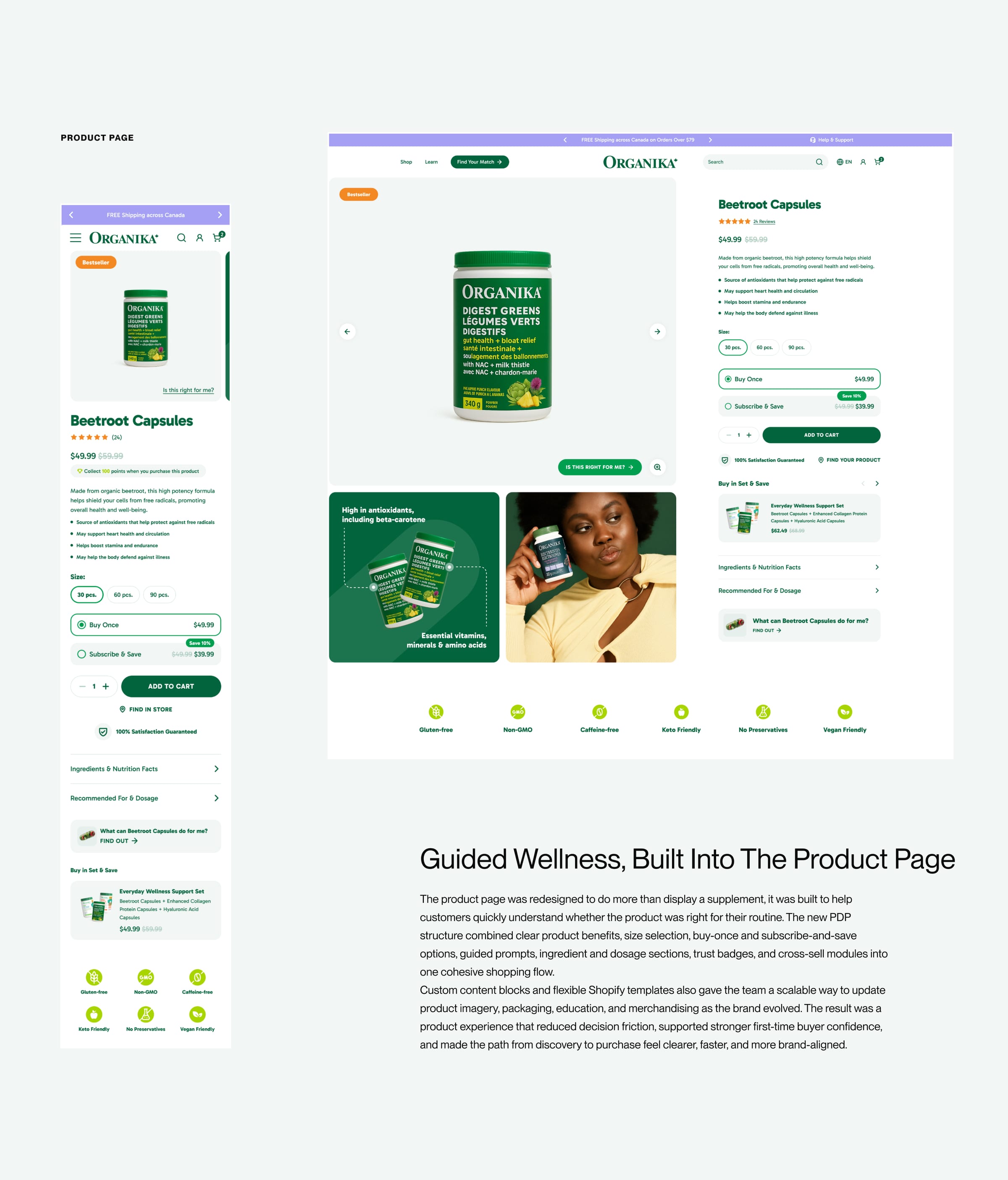 Organika product detail page on desktop and mobile: Guided Wellness, Built Into the Product Page